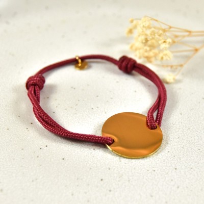 BRACELET CORDON MIXTE ROUGE MEDAILLE PERSONNALISABLE ACIER INOX GOLD