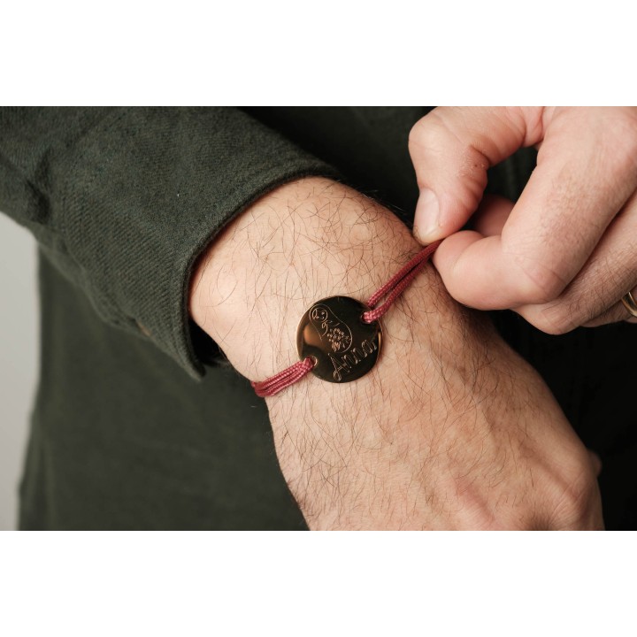 BRACELET CORDON MIXTE ROUGE MEDAILLE PERSONNALISABLE ACIER INOX GOLD