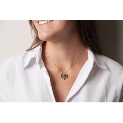 COLLIER COEUR STRASS MAILLE PERLES PERSONNALISABLE ACIER INOX GOLD