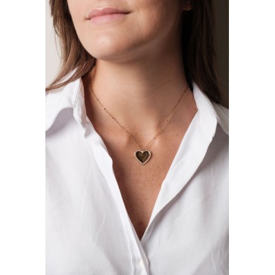 COLLIER COEUR STRASS MAILLE PERLES PERSONNALISABLE ACIER INOX GOLD