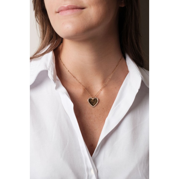 COLLIER COEUR STRASS MAILLE PERLES PERSONNALISABLE ACIER INOX GOLD