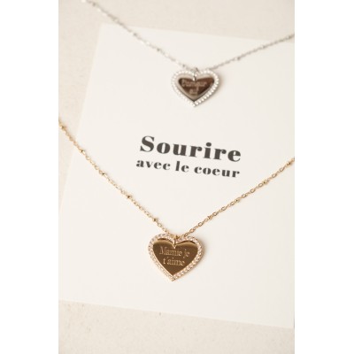 COLLIER COEUR STRASS MAILLE PERLES PERSONNALISABLE ACIER INOX GOLD