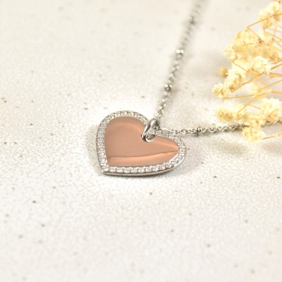 COLLIER COEUR STRASS MAILLE PERLES PERSONNALISABLE ACIER INOX SILVER