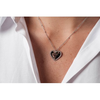 COLLIER COEUR STRASS MAILLE PERLES PERSONNALISABLE ACIER INOX SILVER