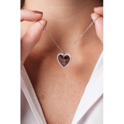 COLLIER COEUR STRASS MAILLE PERLES PERSONNALISABLE ACIER INOX SILVER