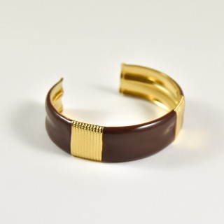 JONC OUVERT MARRON BANDEAUX PERLES ACIER INOXYDABLE GOLD PETIT PRIX