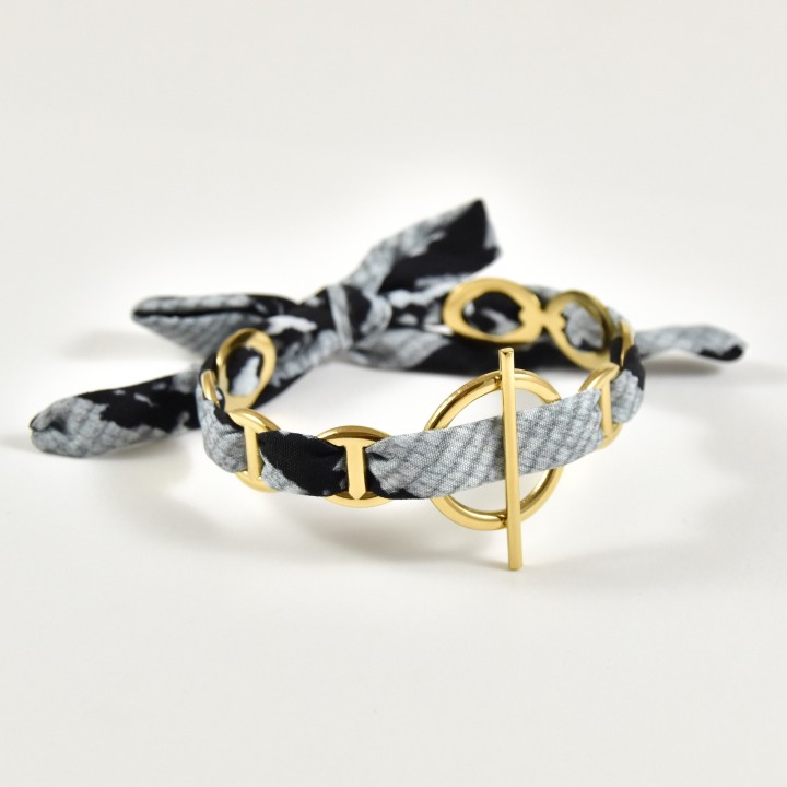 BRACELET PERLES GRIS METALLISE MEDAILLON ACIER INOX GOLD PETIT PRIX