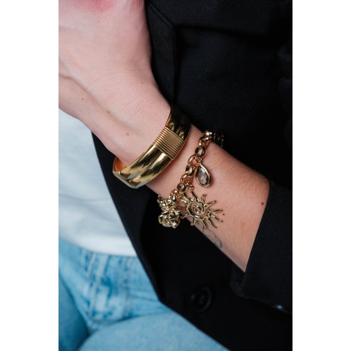 JONC OUVERT BANDEAUX PERLES ACIER INOXYDABLE GOLD PETIT PRIX