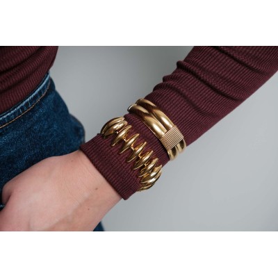 JONC OUVERT BANDEAUX PERLES ACIER INOXYDABLE GOLD PETIT PRIX