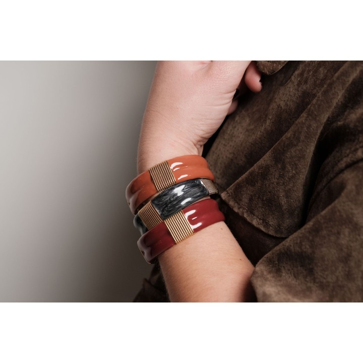 JONC OUVERT NOIR BANDEAUX PERLES ACIER INOXYDABLE GOLD PETIT PRIX