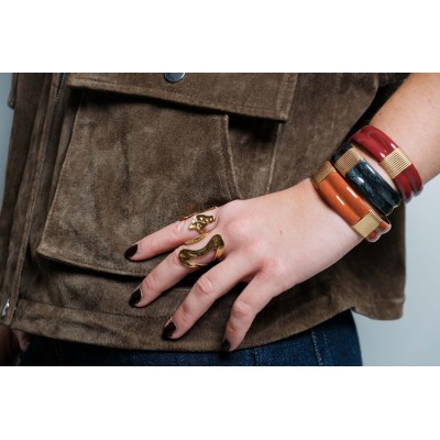 JONC OUVERT NOIR BANDEAUX PERLES ACIER INOXYDABLE GOLD PETIT PRIX