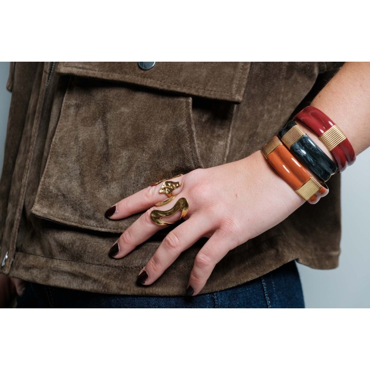 JONC OUVERT NOIR BANDEAUX PERLES ACIER INOXYDABLE GOLD PETIT PRIX