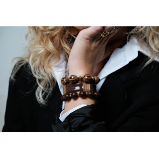 JONC OUVERT MARRON BANDEAUX PERLES ACIER INOXYDABLE GOLD PETIT PRIX