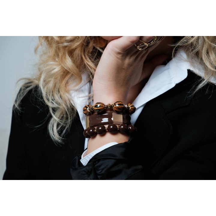 JONC OUVERT MARRON BANDEAUX PERLES ACIER INOXYDABLE GOLD PETIT PRIX