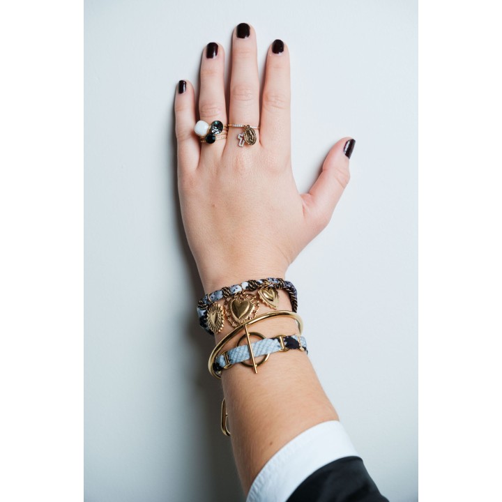 BRACELET PERLES GRIS METALLISE MEDAILLON ACIER INOX GOLD PETIT PRIX