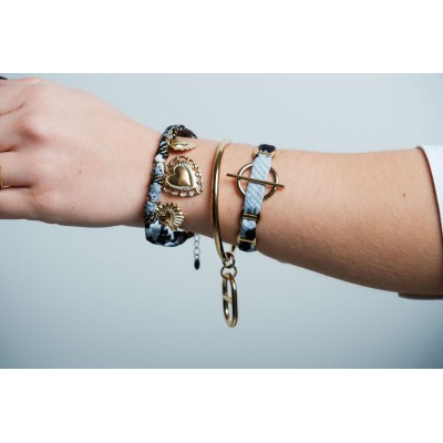 JONC OUVERT RUBAN NOIR MAILLONS ACIER INOXYDABLE GOLD PETIT PRIX