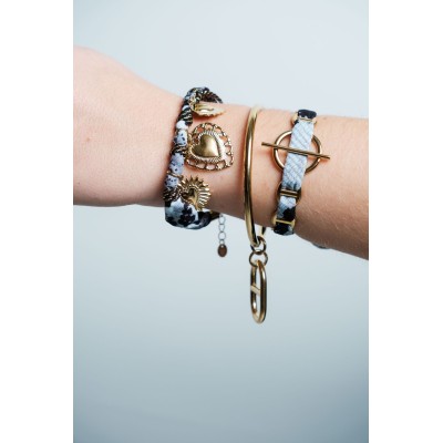 JONC OUVERT RUBAN NOIR MAILLONS ACIER INOXYDABLE GOLD PETIT PRIX