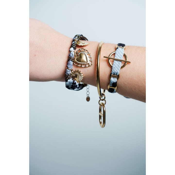 JONC OUVERT RUBAN NOIR MAILLONS ACIER INOXYDABLE GOLD PETIT PRIX