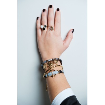 JONC OUVERT RUBAN NOIR MAILLONS ACIER INOXYDABLE GOLD PETIT PRIX