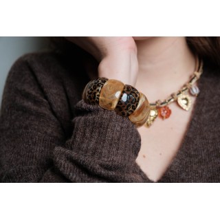 BRACELET PERLES GRIS METALLISE MEDAILLON ACIER INOX GOLD PETIT PRIX