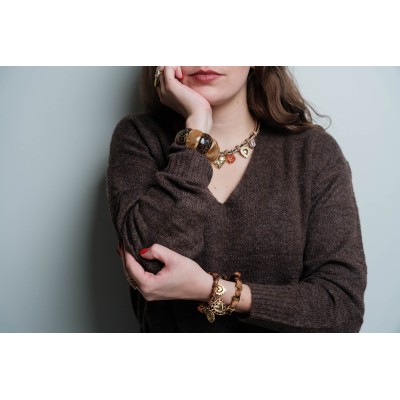 BRACELET PERLES GRIS METALLISE MEDAILLON ACIER INOX GOLD PETIT PRIX