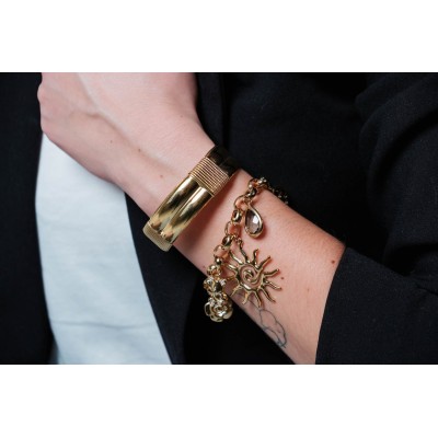 BRACELET PERLES GRIS METALLISE MEDAILLON ACIER INOX GOLD PETIT PRIX