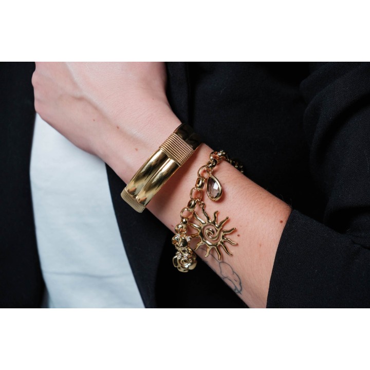 BRACELET PERLES GRIS METALLISE MEDAILLON ACIER INOX GOLD PETIT PRIX