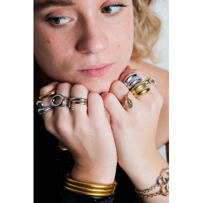 BRACELET PERLES GRIS METALLISE MEDAILLON ACIER INOX GOLD PETIT PRIX