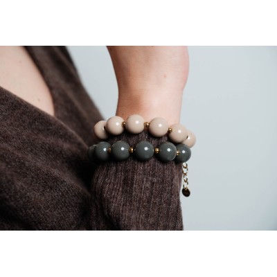 BRACELET PERLES GRIS METALLISE MEDAILLON ACIER INOX GOLD PETIT PRIX