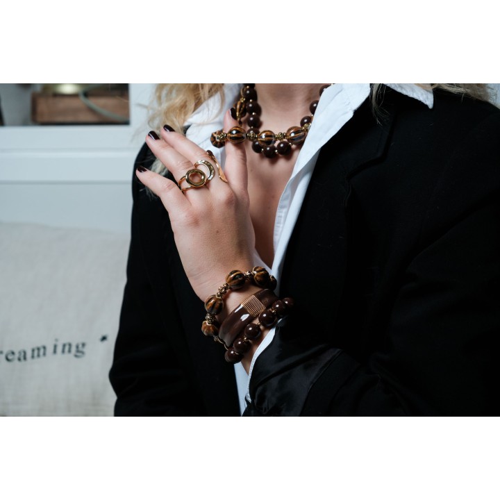 BRACELET PERLES MARRON PERLES ACIER INOXYDABLE GOLD PETIT PRIX