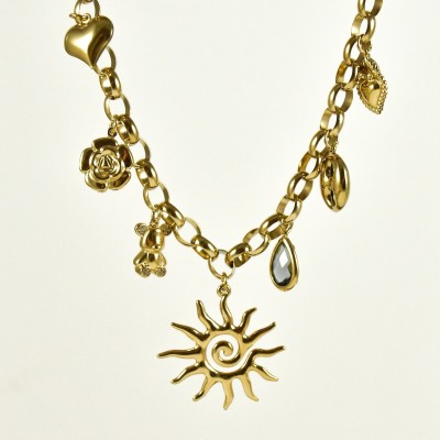 COLLIER CHARMS SOLEIL COEUR FLEUR ACIER INOXYDABLE GOLD PETIT PRIX
