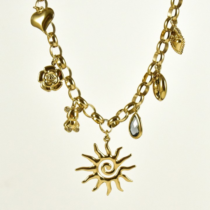 COLLIER CHARMS SOLEIL COEUR FLEUR ACIER INOXYDABLE GOLD PETIT PRIX