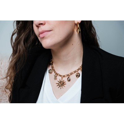 COLLIER CHARMS SOLEIL COEUR FLEUR ACIER INOXYDABLE GOLD PETIT PRIX