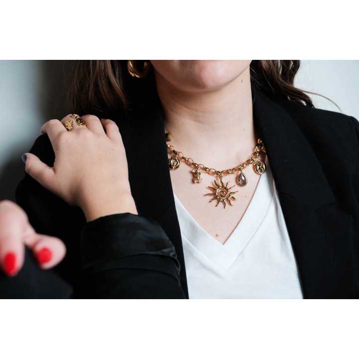 COLLIER CHARMS SOLEIL COEUR FLEUR ACIER INOXYDABLE GOLD PETIT PRIX