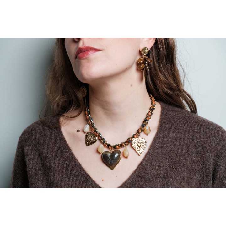 COLLIER MAILLE CORDON TORSADE COEURS ACIER INOXYDABLE GOLD PETIT PRIX