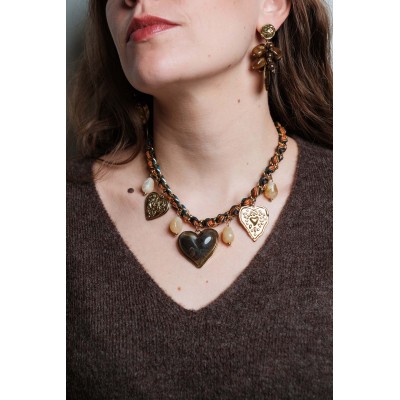 COLLIER MAILLE CORDON TORSADE COEURS ACIER INOXYDABLE GOLD PETIT PRIX