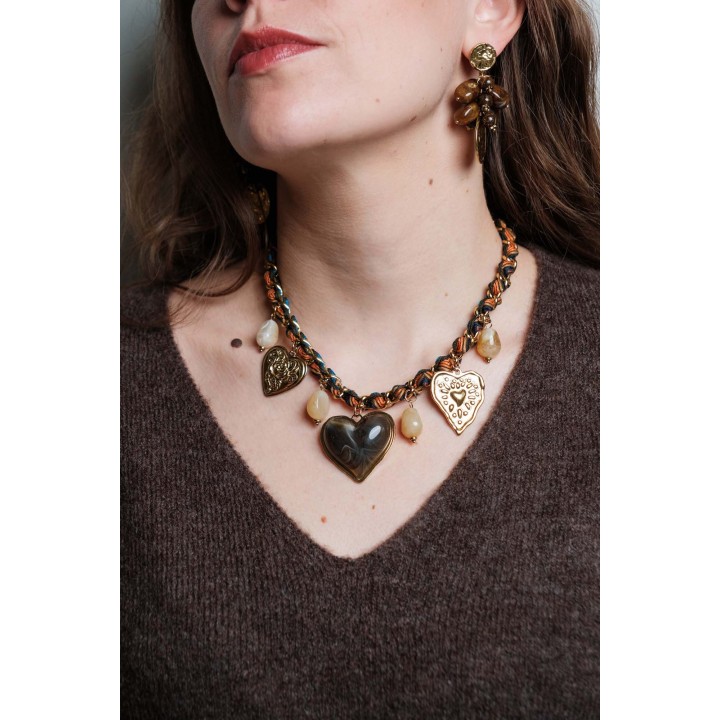 COLLIER MAILLE CORDON TORSADE COEURS ACIER INOXYDABLE GOLD PETIT PRIX