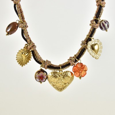 COLLIER CORDON TORSADE COEURS CHARMS ACIER INOXYDABLE GOLD PETIT PRIX