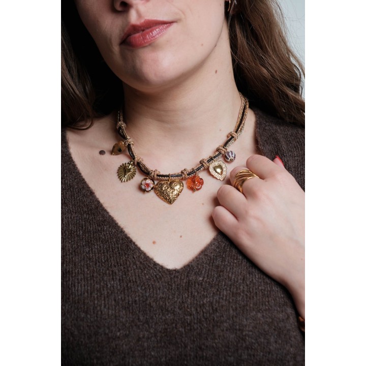COLLIER CORDON TORSADE COEURS CHARMS ACIER INOXYDABLE GOLD PETIT PRIX