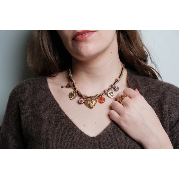 COLLIER CORDON TORSADE COEURS CHARMS ACIER INOXYDABLE GOLD PETIT PRIX