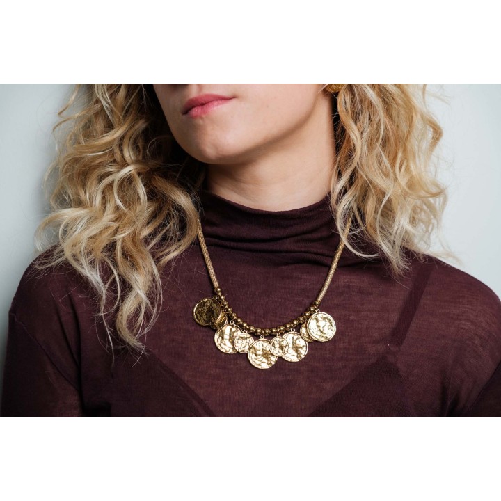 COLLIER CORDON PAMPILLES MARTELEES ACIER INOXYDABLE GOLD PETIT PRIX