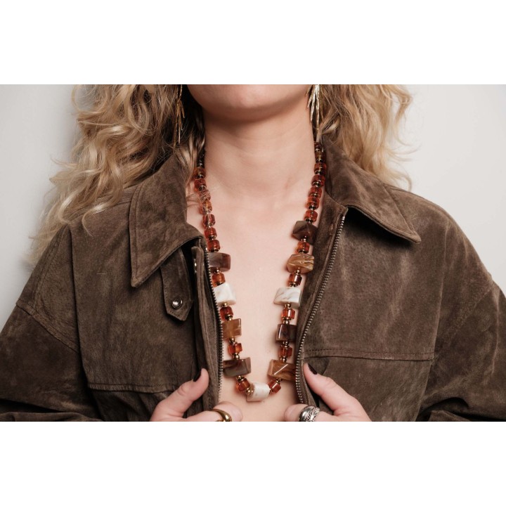 SAUTOIR PERLES MARRONS ET GOLD ACIER INOXYDABLE GOLD PETIT PRIX