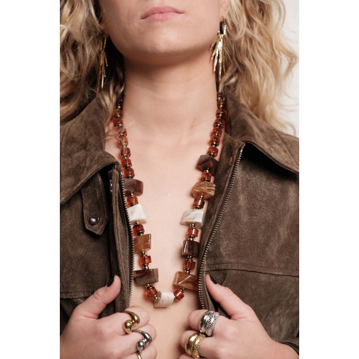 SAUTOIR PERLES MARRONS ET GOLD ACIER INOXYDABLE GOLD PETIT PRIX