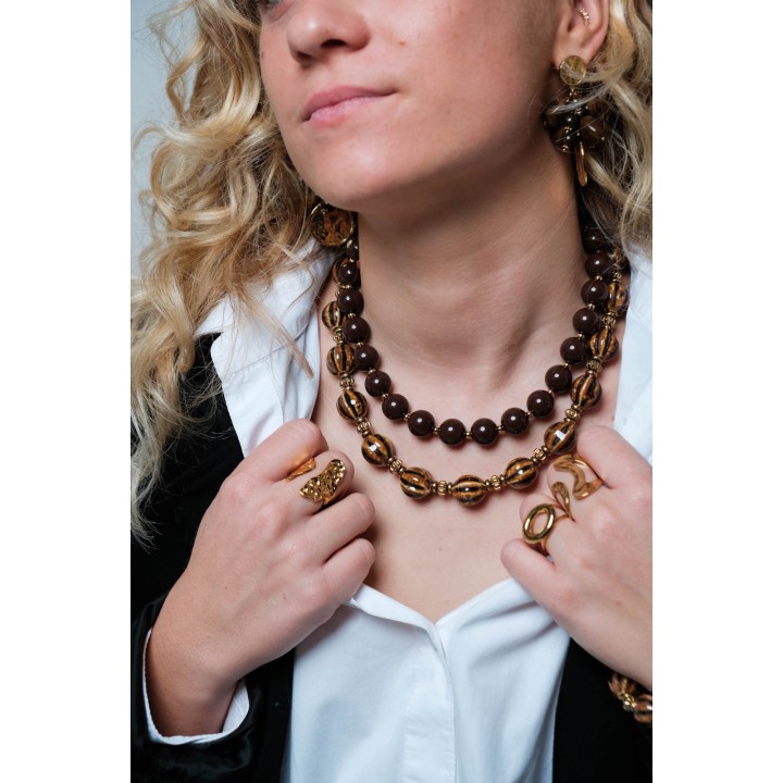 COLLIER PERLES MARRONS RAYES ET GOLD ACIER INOXYDABLE GOLD PETIT PRIX