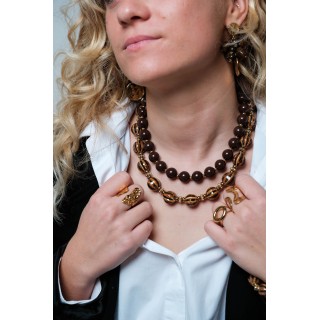 COLLIER PELRES RONDES MARRONS ET GOLD ACIER INOXYDABLE GOLD PETIT PRIX