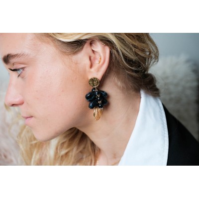 BOUCLES PERLES NOIRES MARTELEES ACIER INOXYDABLE GOLD PETIT PRIX