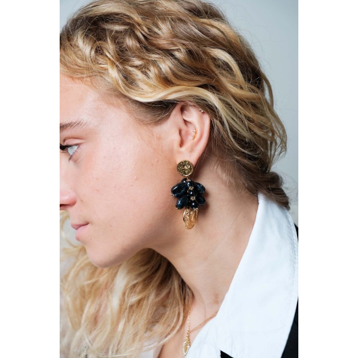 BOUCLES PERLES NOIRES MARTELEES ACIER INOXYDABLE GOLD PETIT PRIX