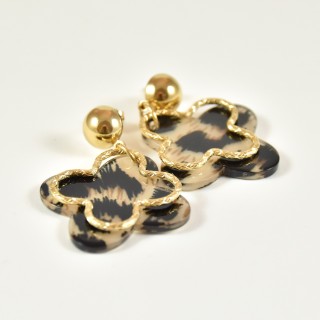 BOUCLES TREFLE MARRON ET GOLD CISELE ACIER INOXYDABLE GOLD PETIT PRIX