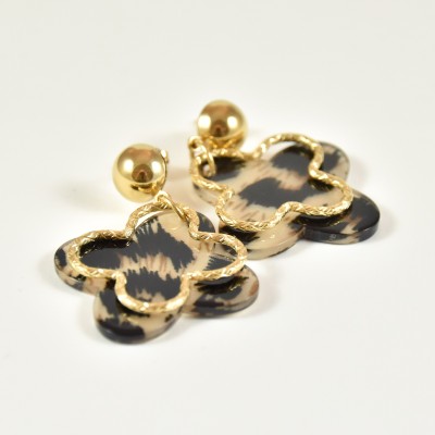 BOUCLES TREFLE MARRON ET GOLD CISELE ACIER INOXYDABLE GOLD PETIT PRIX