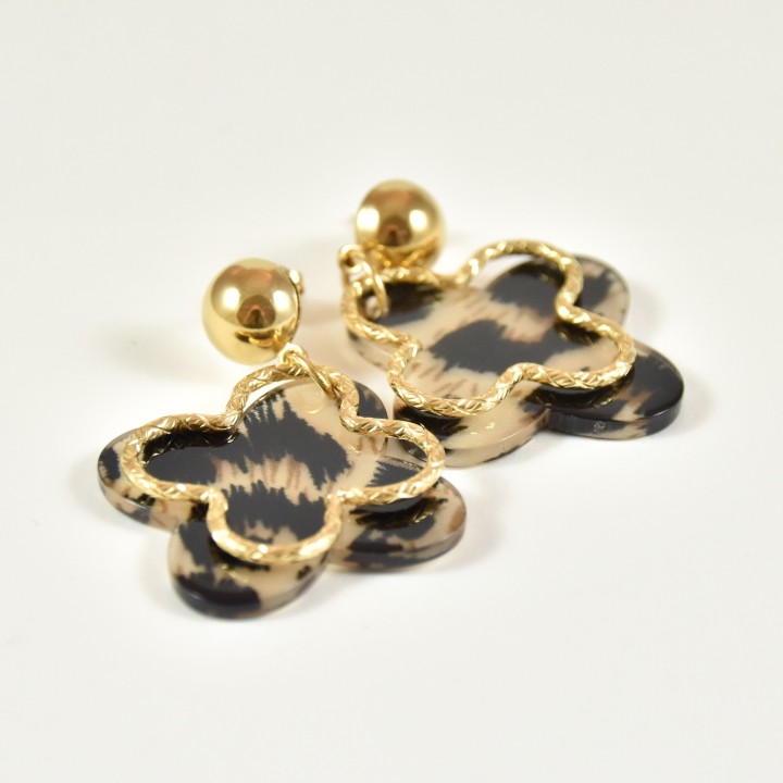 BOUCLES TREFLE MARRON ET GOLD CISELE ACIER INOXYDABLE GOLD PETIT PRIX